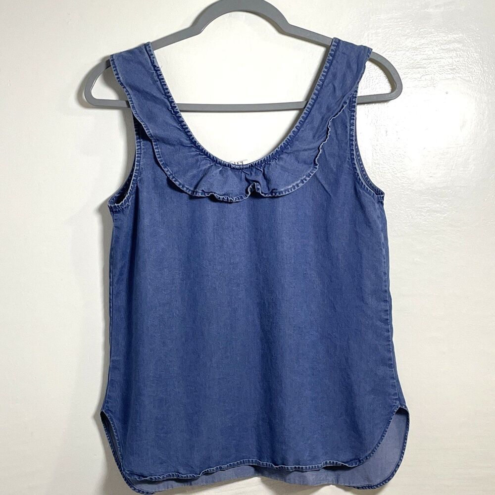 Gap Women's Blue Demin Chambray Ruffle Blouse Sleeveless Top Tank Sz Small Boho - Picture 2 of 6
